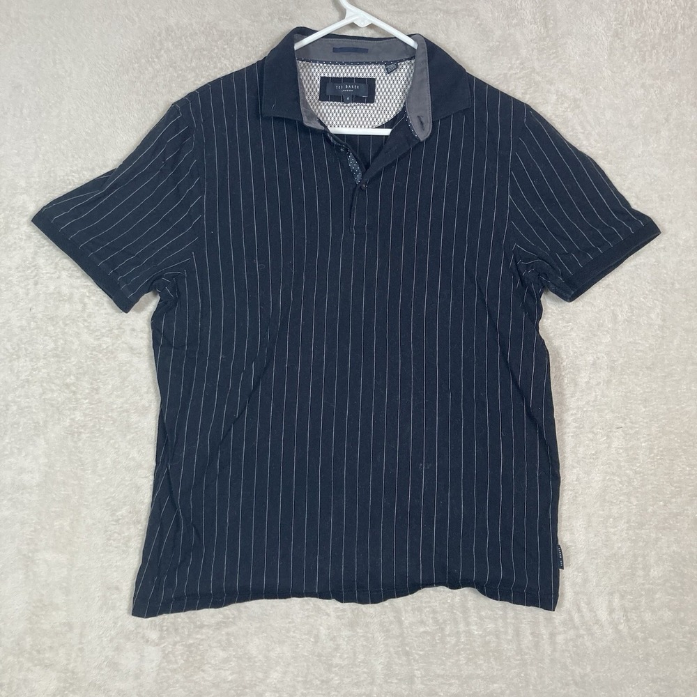Ted Baker Polo Shirt Mens 4 Large Navy Blue Pinstripe Short Sleeve Casual